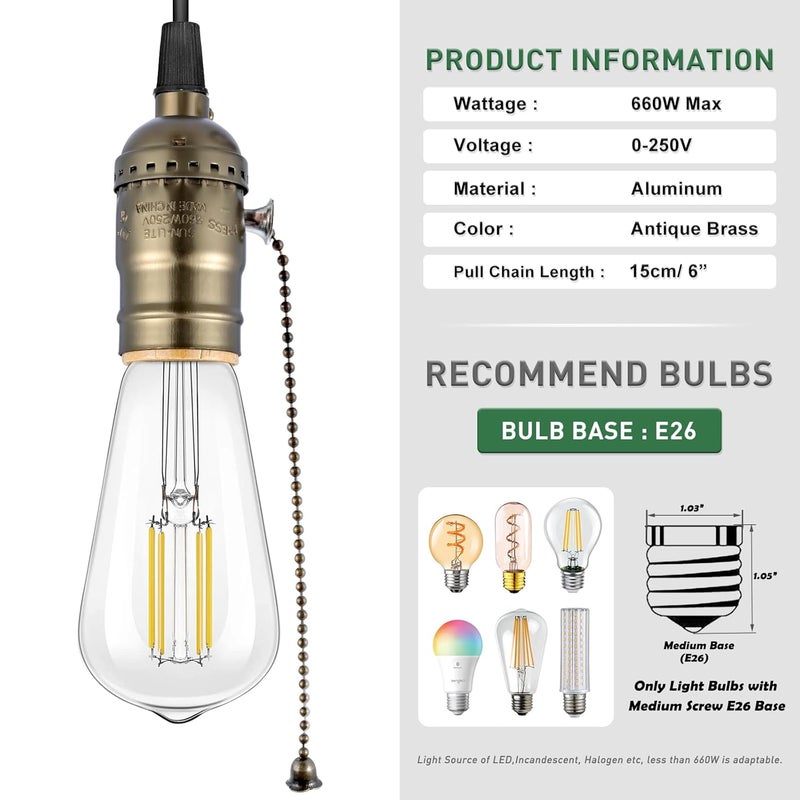 EMNOOTI Pull Chain Light Socket Replacement,E26 Standard Screw Lamp Socket,Bulb Socket with Pull Chain Lamp Switch for Table and Floor Lamp,UL Listed - Image 5